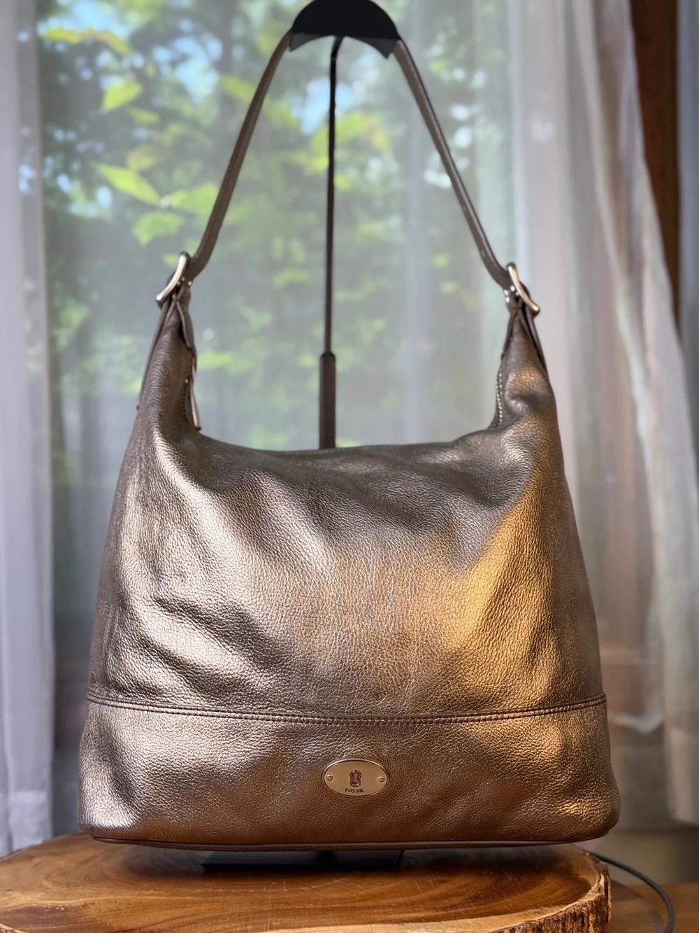 Fossil Gold Metallic Leather Hobo Shoulder Bag + Pouch Freebie EUC